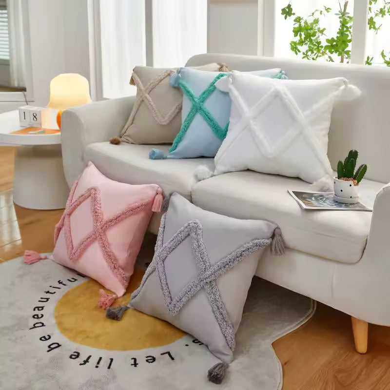 Bohemian Pillow Cases with Tassels - 45cm x 45cm with Fiber Insert