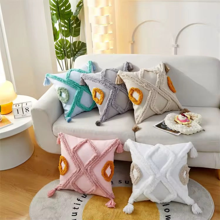 Bohemian Pillow Cases with Tassels - 45cm x 45cm with Fiber Insert