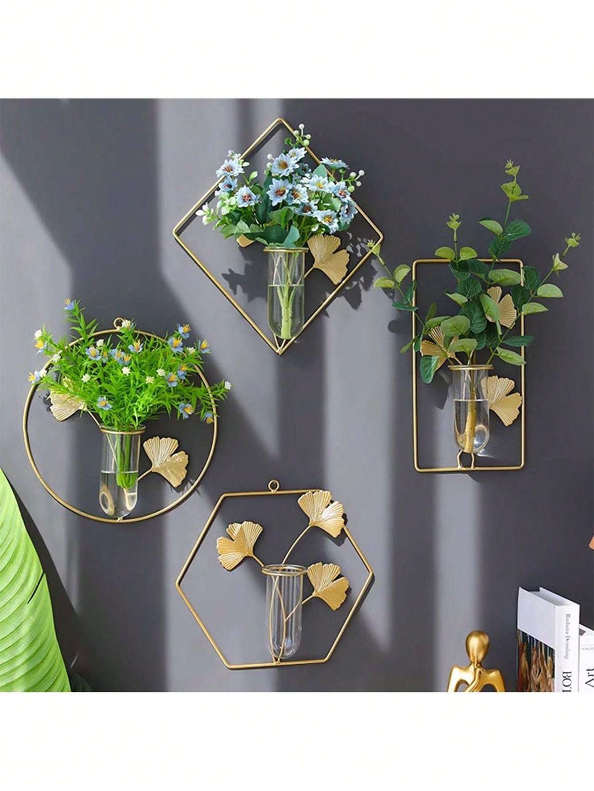 Wall Hanging Glass Vase - Gold Iron Frame Hydroponic Planter