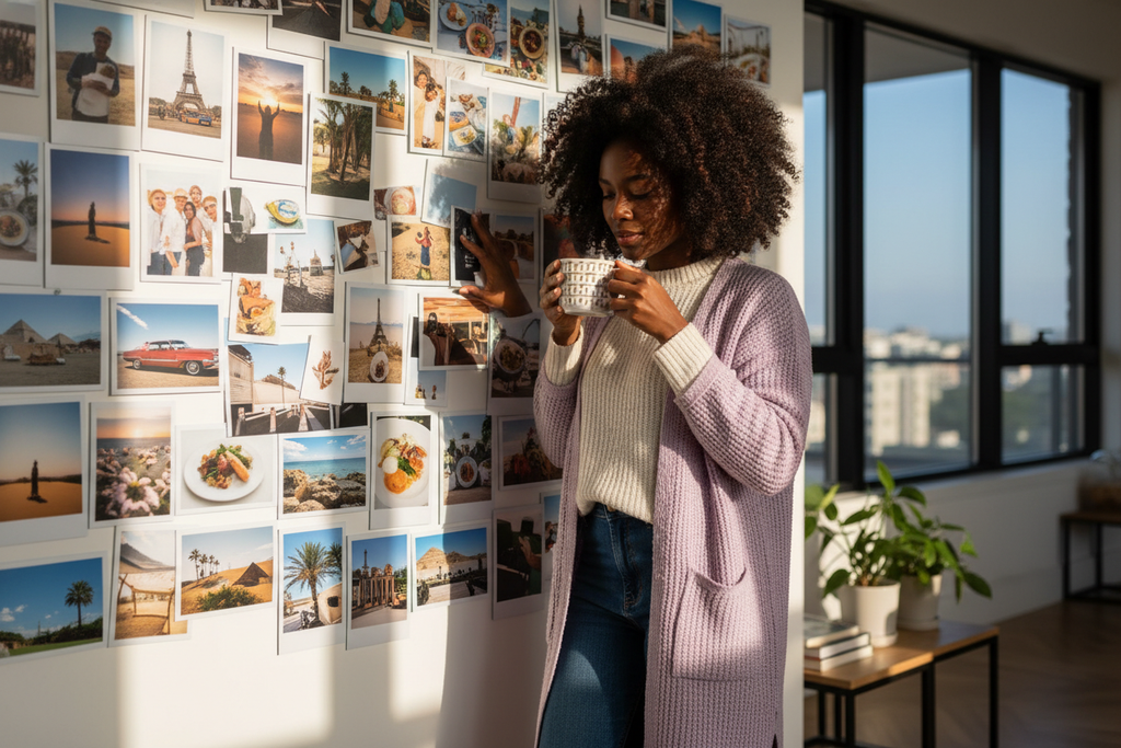 Black woman with polaroid photo wall
